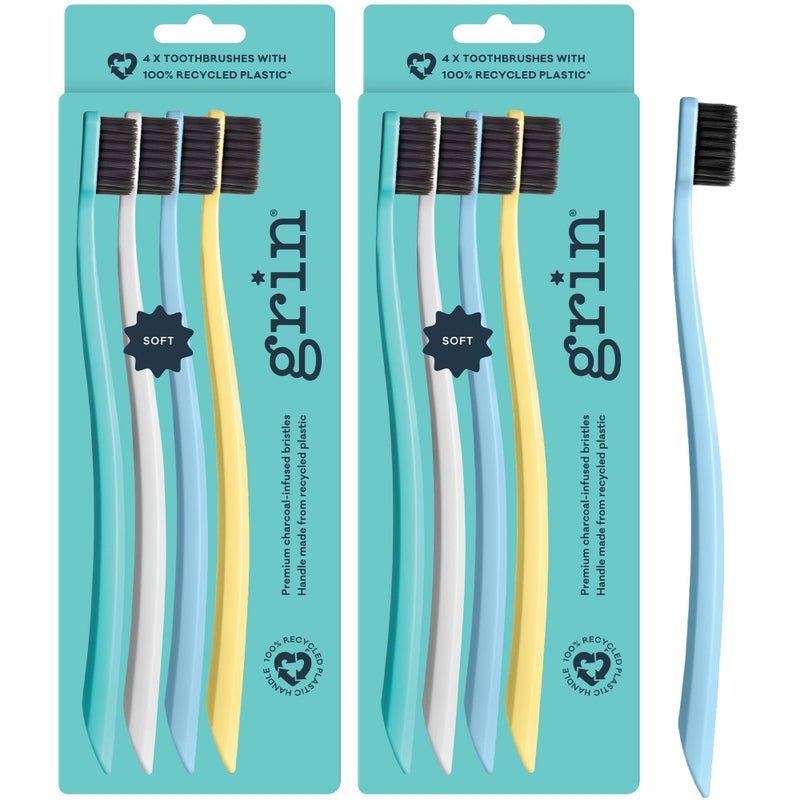 Grin Extra Soft Toothbrushes for Adults â€“ Travel Toothbrush Set with Charcoal Infused Bristles â€“ Manual Full Mouth Brush Head for Whitening & Gum Care â€“ 8 Count (Pack of 2), Summer Beach